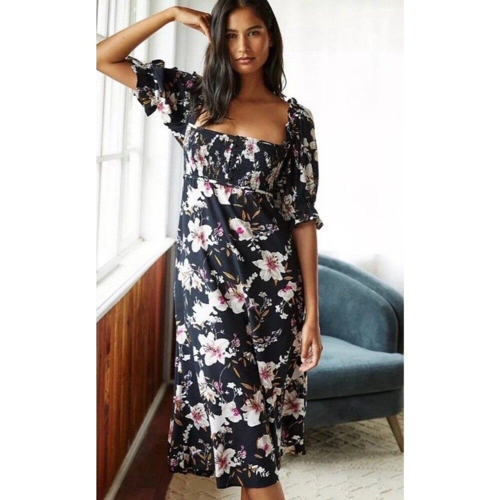 Anthropologie Midi Dress Womens XXS Black Rayon Floral Smocked Puff Sleeve Boho